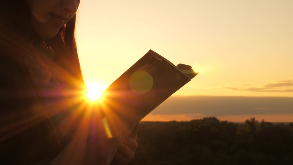 What happened to truth? A woman reads a book while the sun sets in the sky.